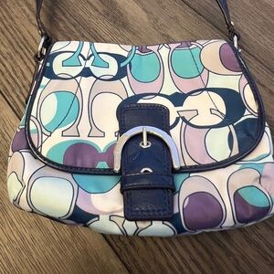 COACH Soho "Kyra" Scarf Print Flap Crossbody Bag Daisy Blue Small